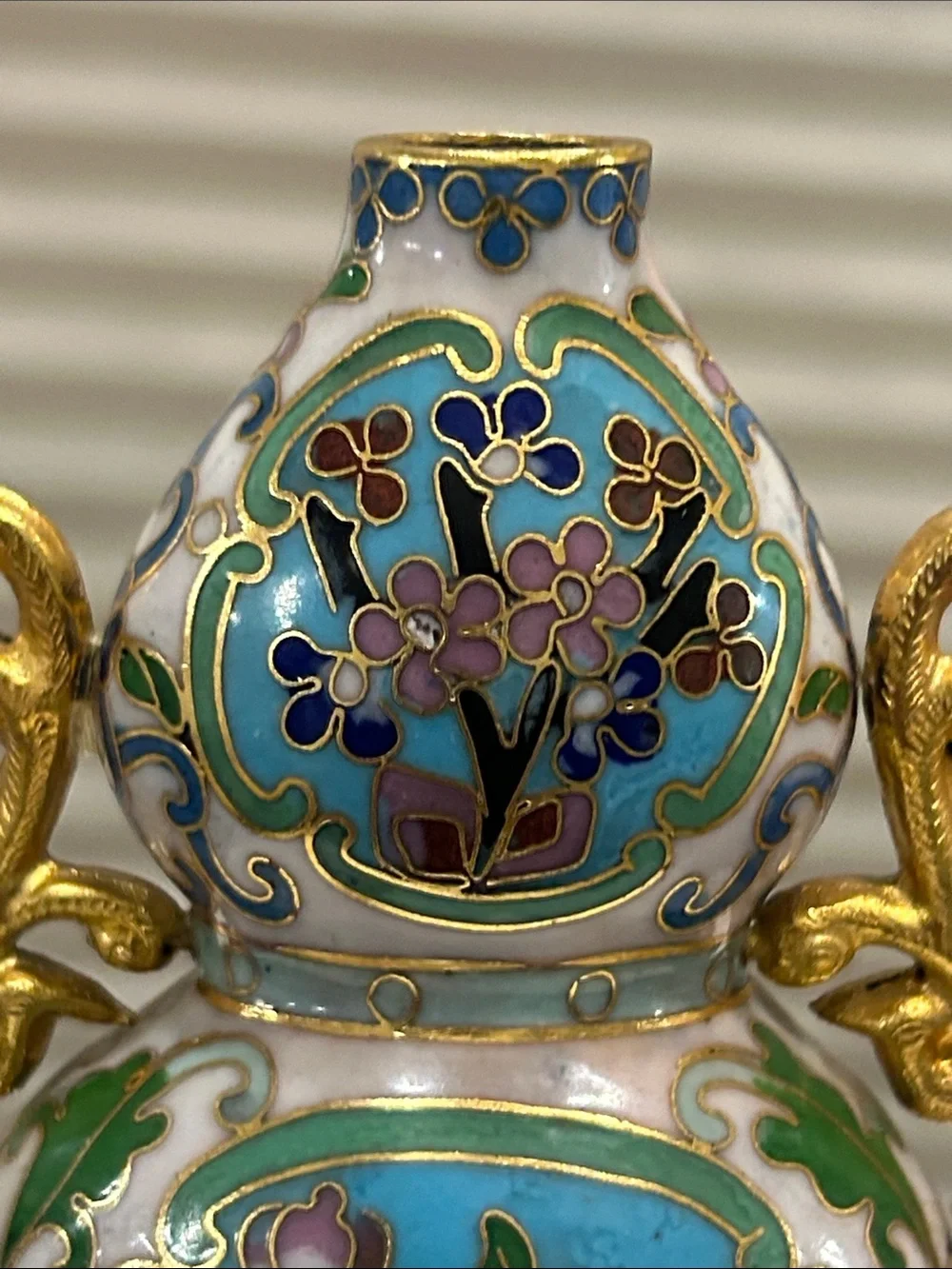 Decorative Turquoise Cloisonné Gourd Vase with Gold Accents
